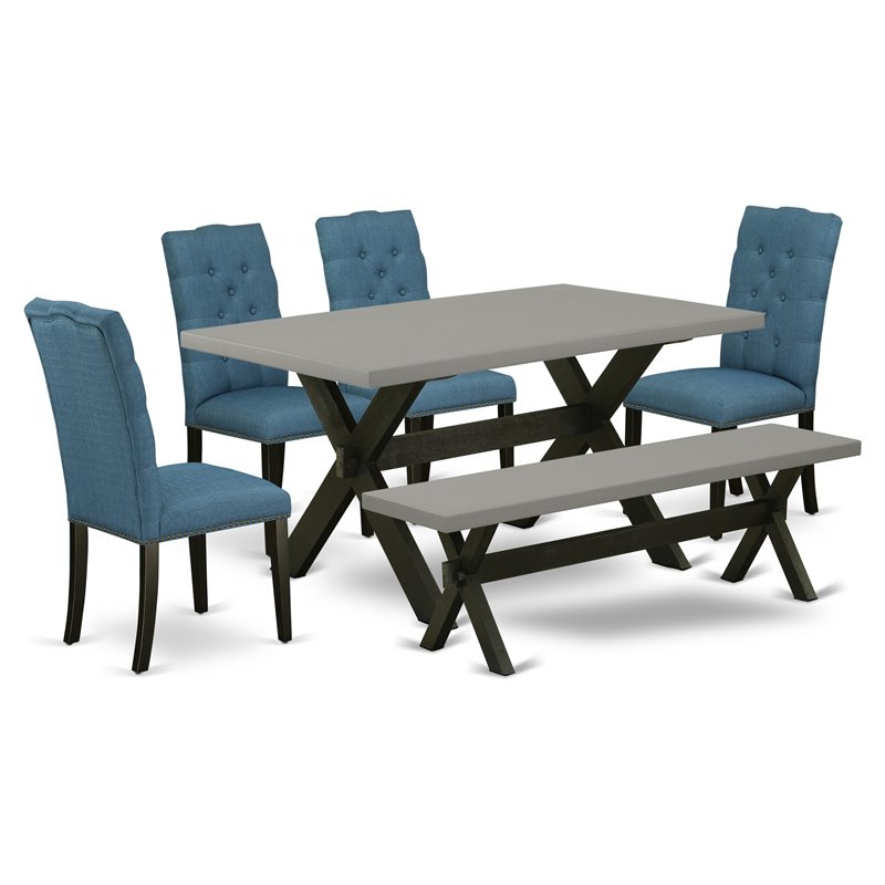 East West Furniture X-Style 6-piece Wood Dining Set in Black and Mineral Blue