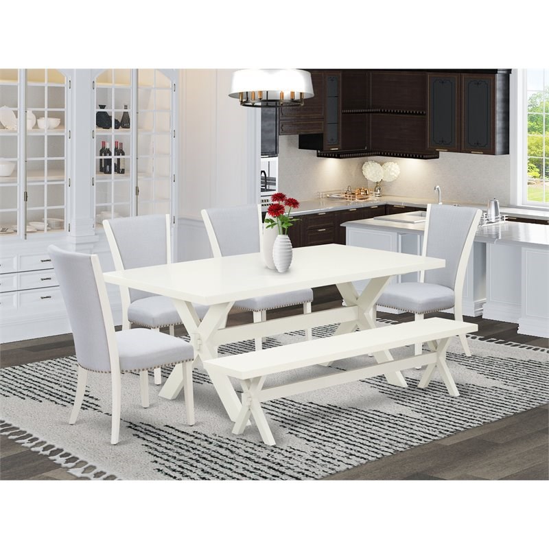 East West Furniture X-Style 6-piece Wood Dining Set with Linen Seat in White