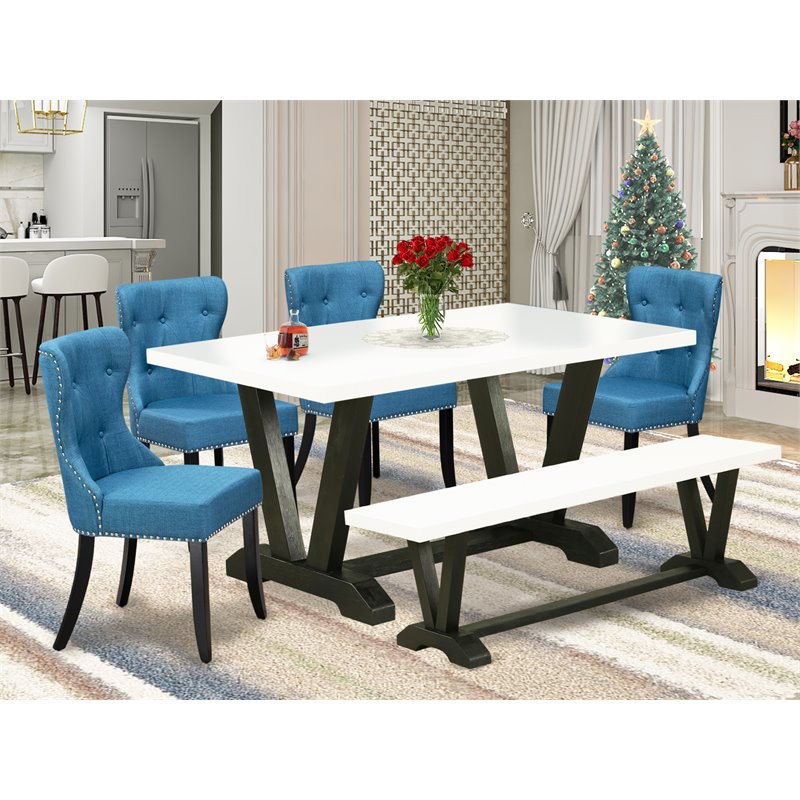 East West Furniture V-Style 6-piece Wood Dining Table Set in White/Black