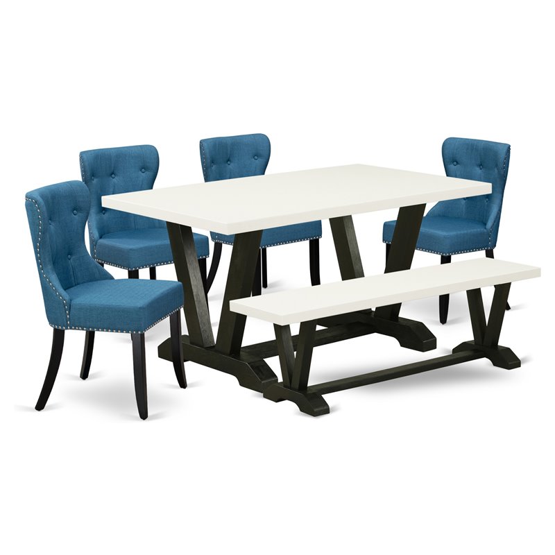 East West Furniture V-Style 6-piece Wood Dining Table Set in White/Black