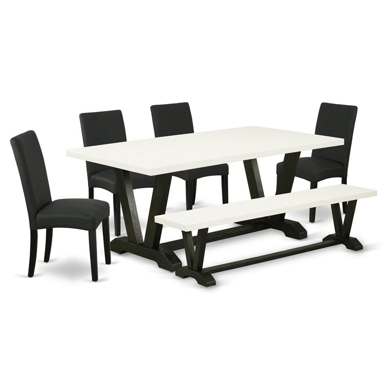 East West Furniture V-Style 6-piece Wood Dining Room Set in White/Black