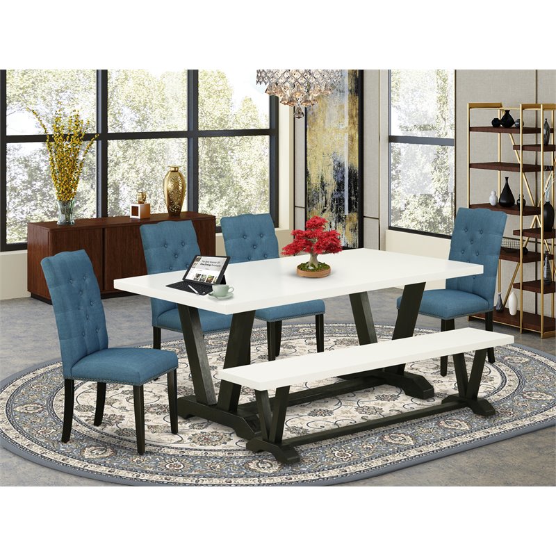 East West Furniture V-Style 6-piece Wood Dining Set in Black/Mineral Blue/White