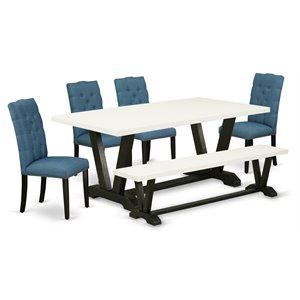 East West Furniture V-Style 6-piece Wood Dining Set in Black/Mineral Blue/White