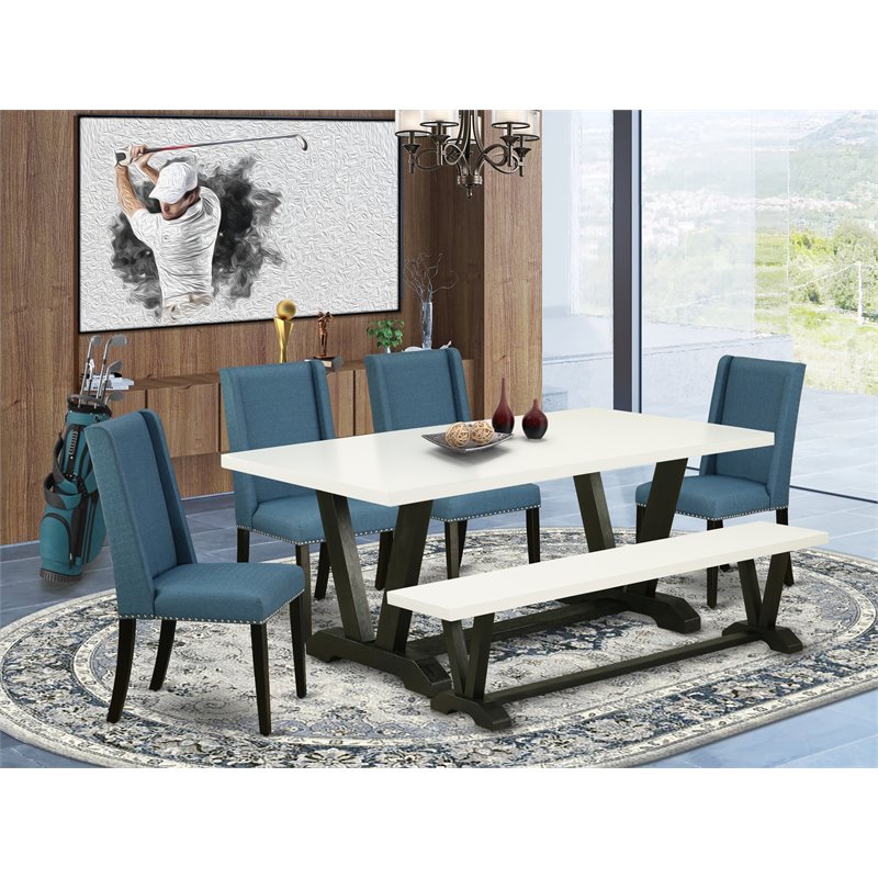 East West Furniture V-Style 6-piece Wood Dining Table Set in Black
