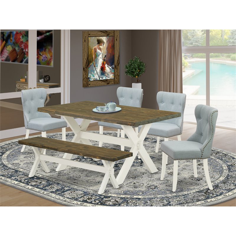 East West Furniture X-Style 6-piece Wood Dining Table Set in White/Baby Blue