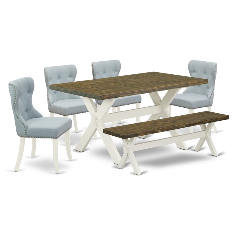 East West Furniture X-Style 6-piece Wood Dining Table Set in White/Baby Blue