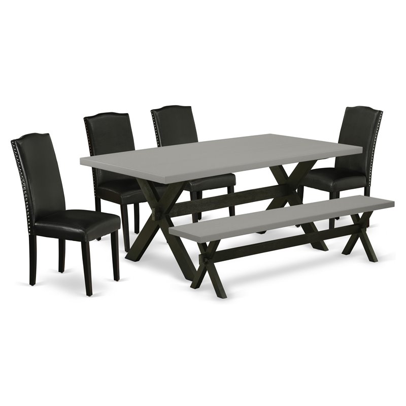 East West Furniture X-Style 6-piece Wood Dining Set with Leather Seat in Black