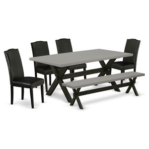 East West Furniture X-Style 6-piece Wood Dining Set with Leather Seat in Black