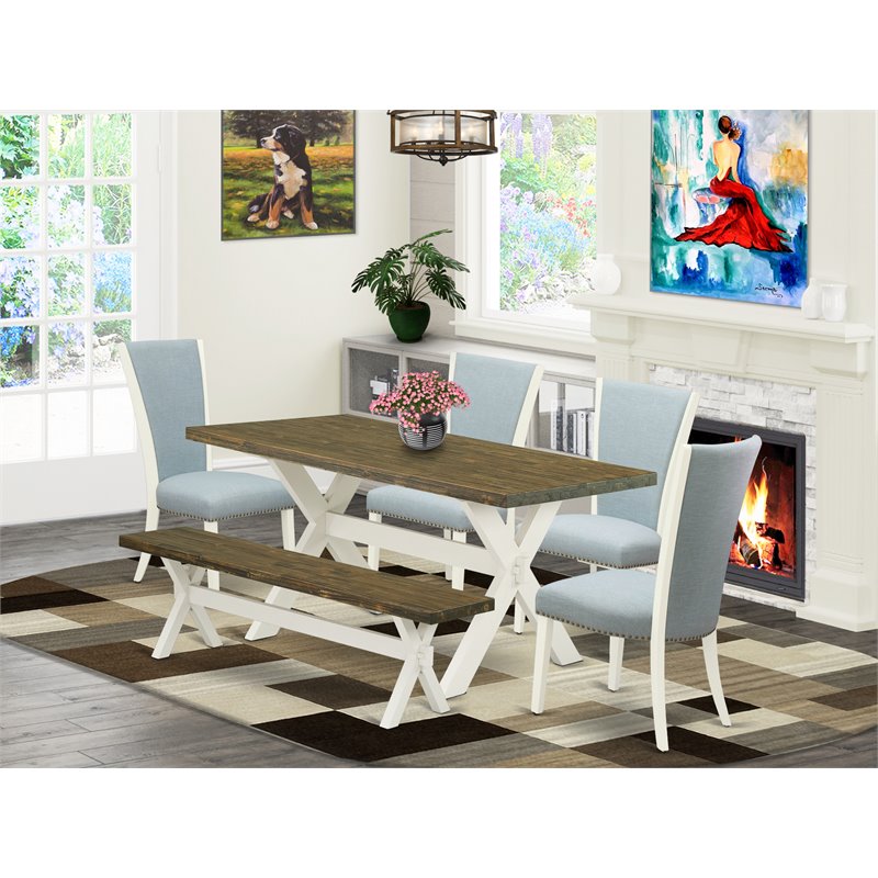 East West Furniture X-Style 6-piece Wood Dining Set with Linen Chairs in White