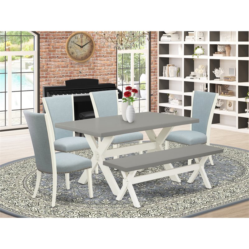 East West Furniture X-Style 6-piece Wood Dining Set w/ Bench in White/Baby Blue