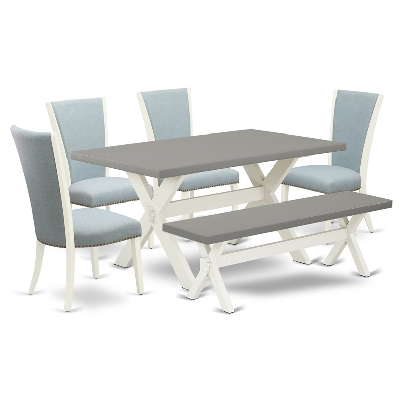 East West Furniture X-Style 6-piece Wood Dining Set w/ Bench in White/Baby Blue