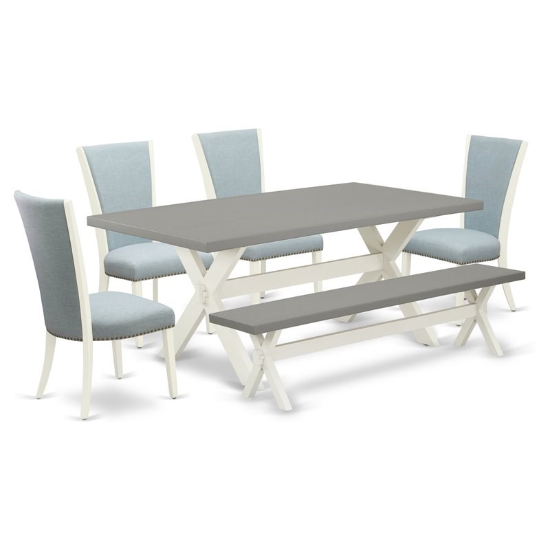 East West Furniture X-Style 6-piece Wood Dining Set in Linen White/Baby Blue