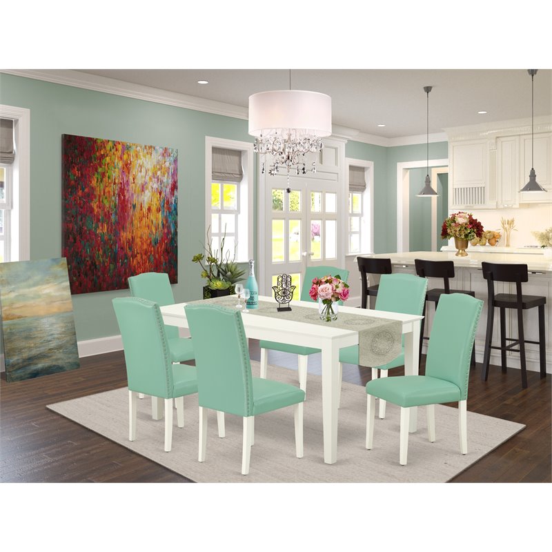 East West Furniture Capri 7-piece Wood Dining Set in Linen White/Pond