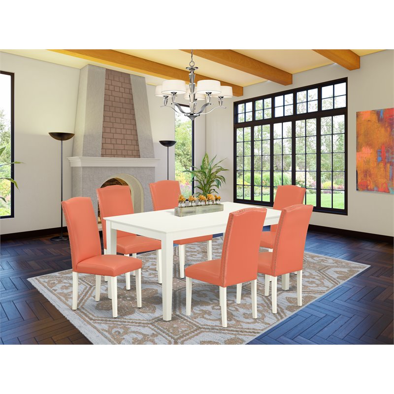 East West Furniture Capri 7-piece Wood Dining Set in Linen White/Pink Flamingo