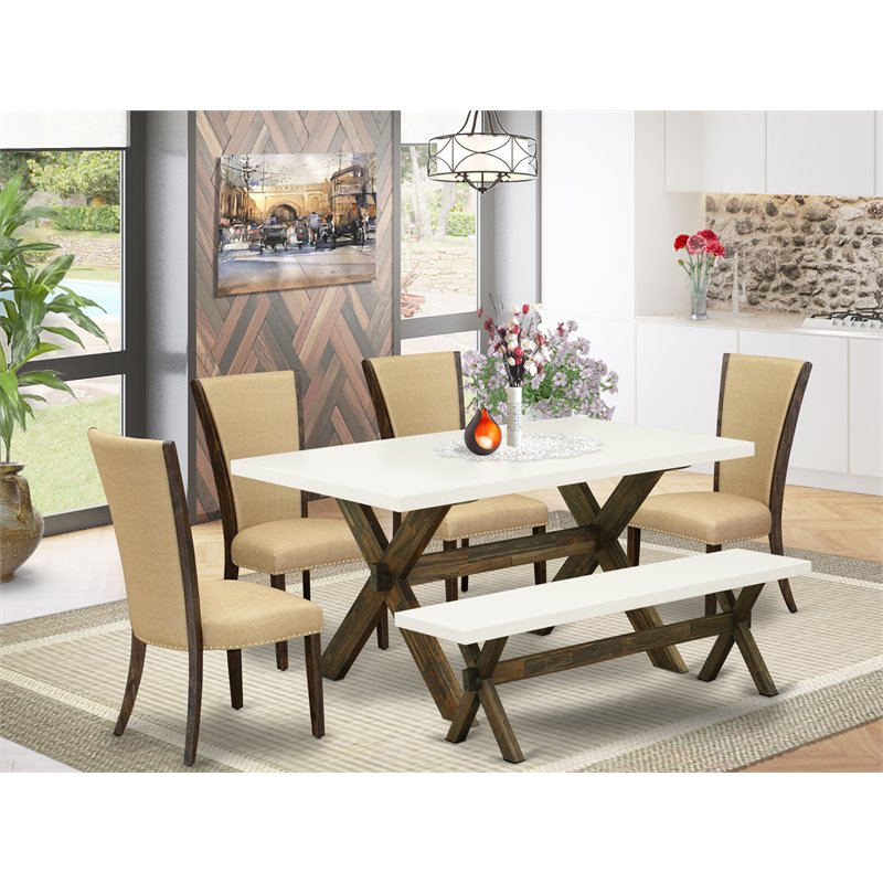 East West Furniture X-Style 6-piece Wood Dining Set with Fabric Seat in Brown