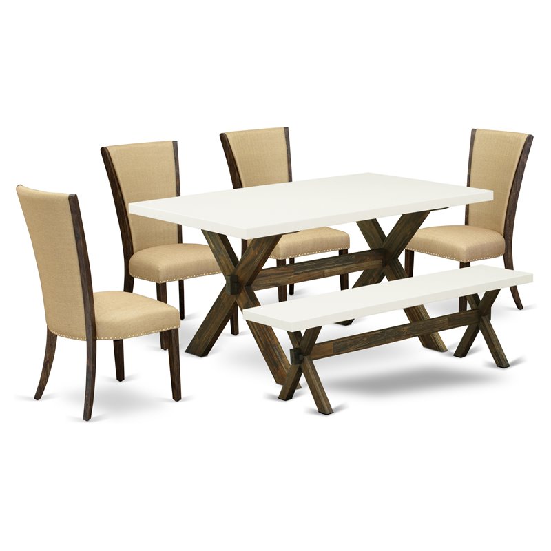 East West Furniture X-Style 6-piece Wood Dining Set with Fabric Seat in Brown