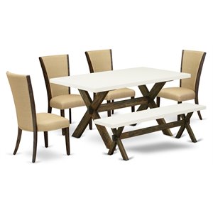 East West Furniture X-Style 6-piece Wood Dining Set with Fabric Seat in Brown