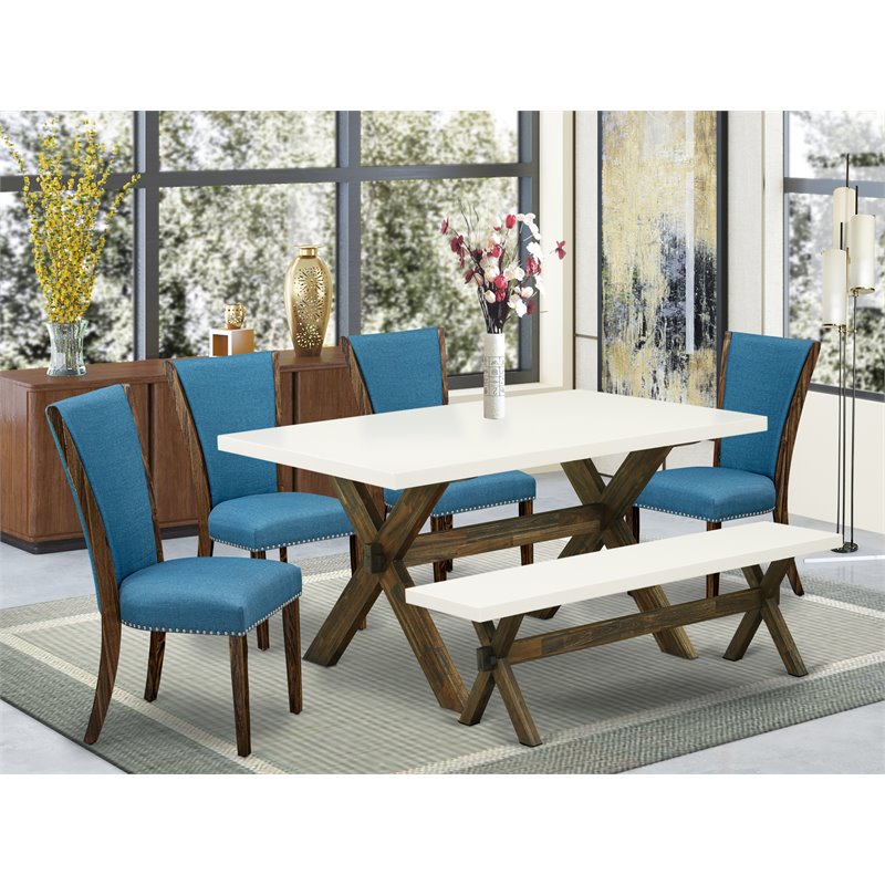 East West Furniture X-Style 6-piece Wood Dining Set with Linen Seat in Brown