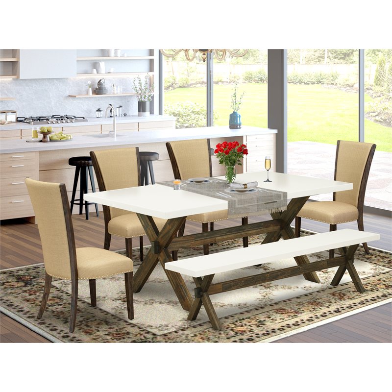 East West Furniture X-Style 6-piece Wood Dining Set w/ Cushion Seat in Brown
