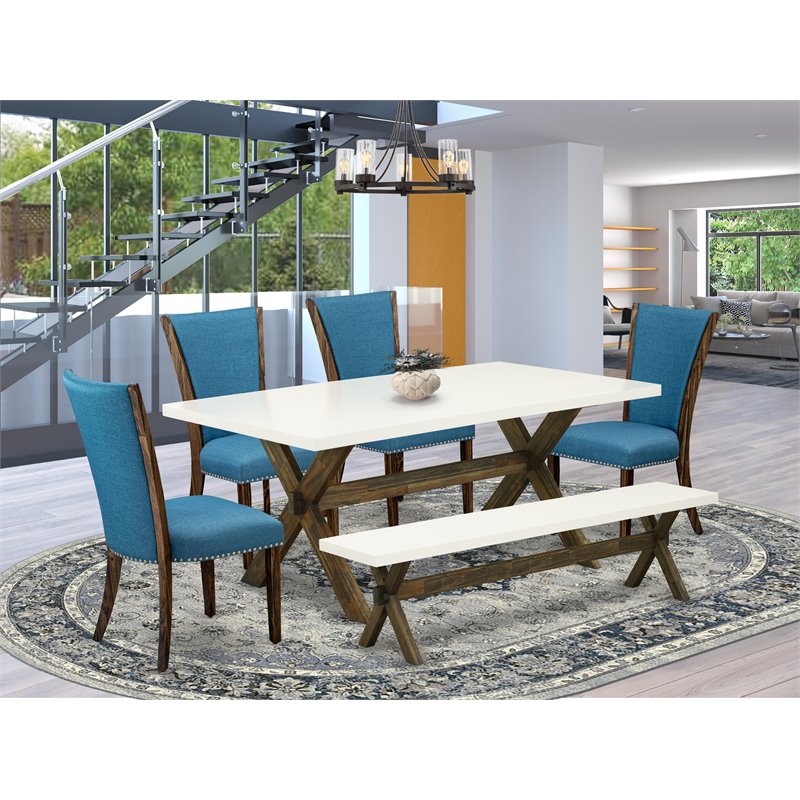 East West Furniture X-Style 6-piece Dining Set with Fabric Chairs in Brown