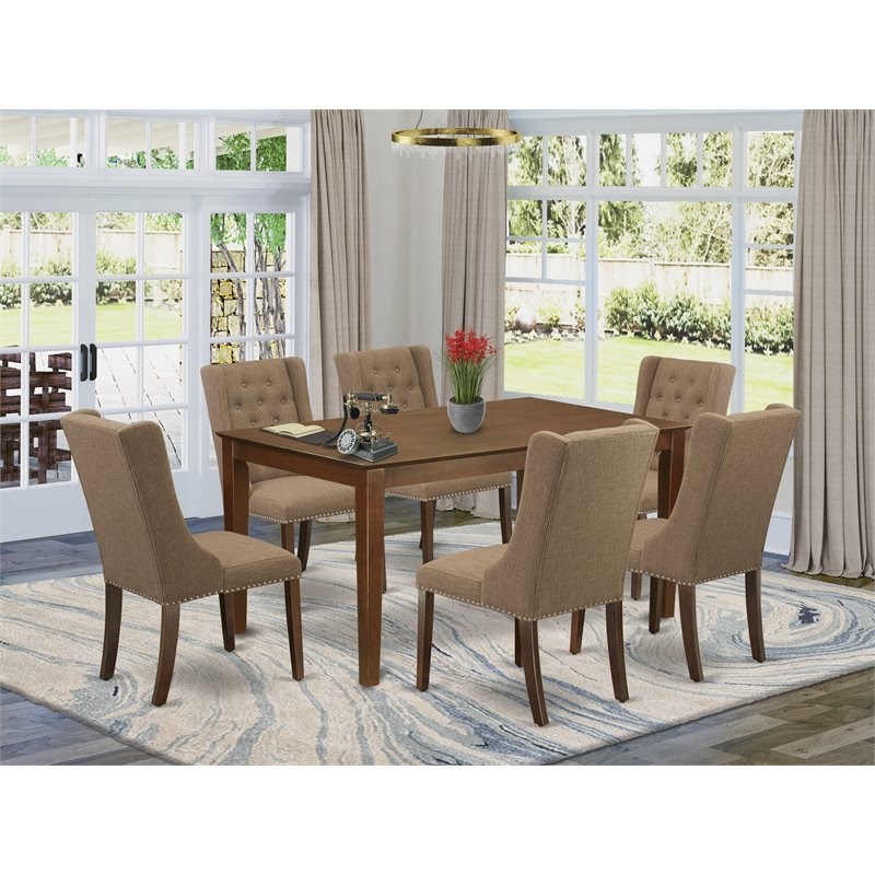 East West Furniture Capri 7-piece Wood Dining Room Table Set in Mahogany