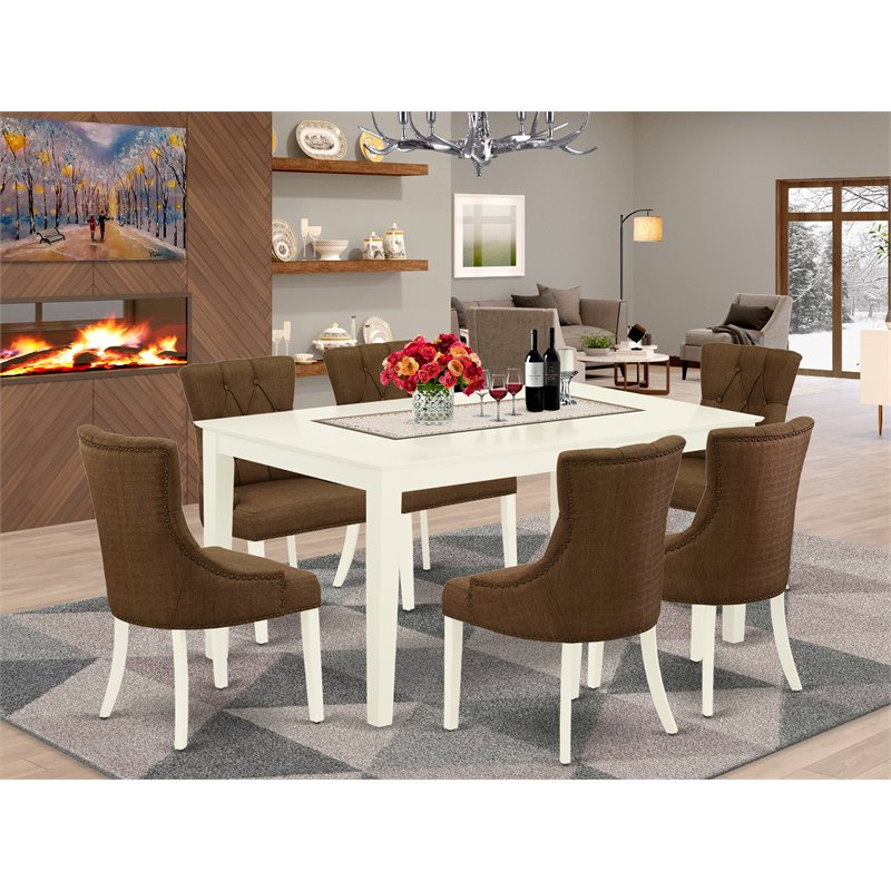 East West Furniture Capri 7-piece Wood Dining Set in Linen White/Dark Coffee