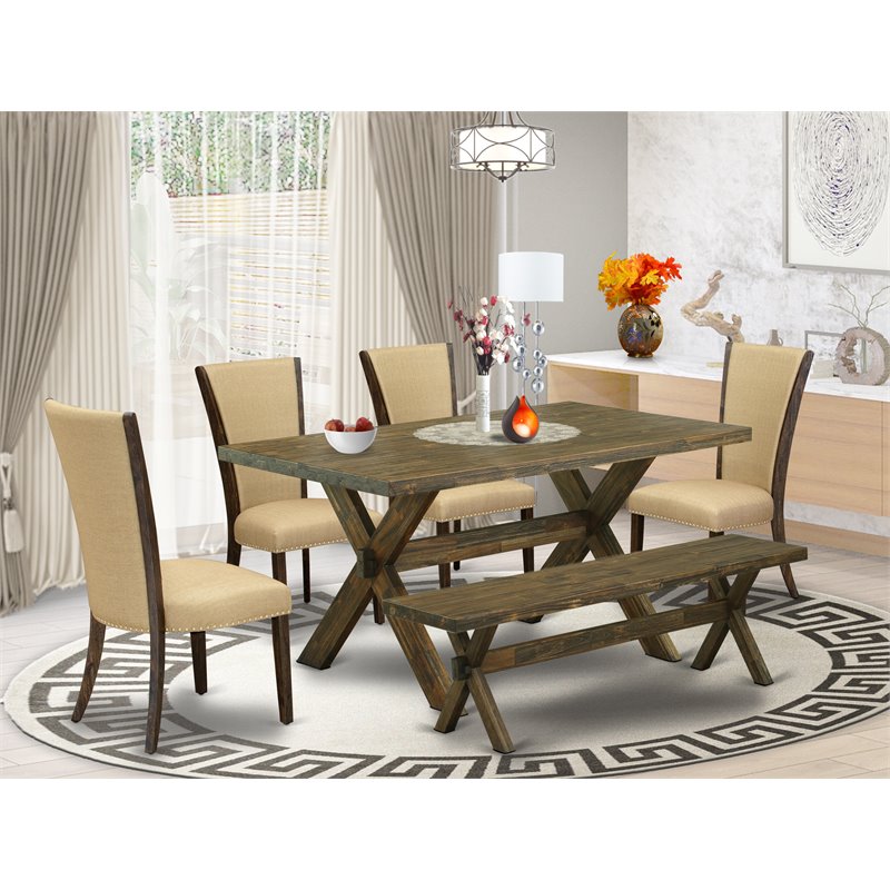 East West Furniture X-Style 6-piece Dining Set with Linen Chairs in Brown