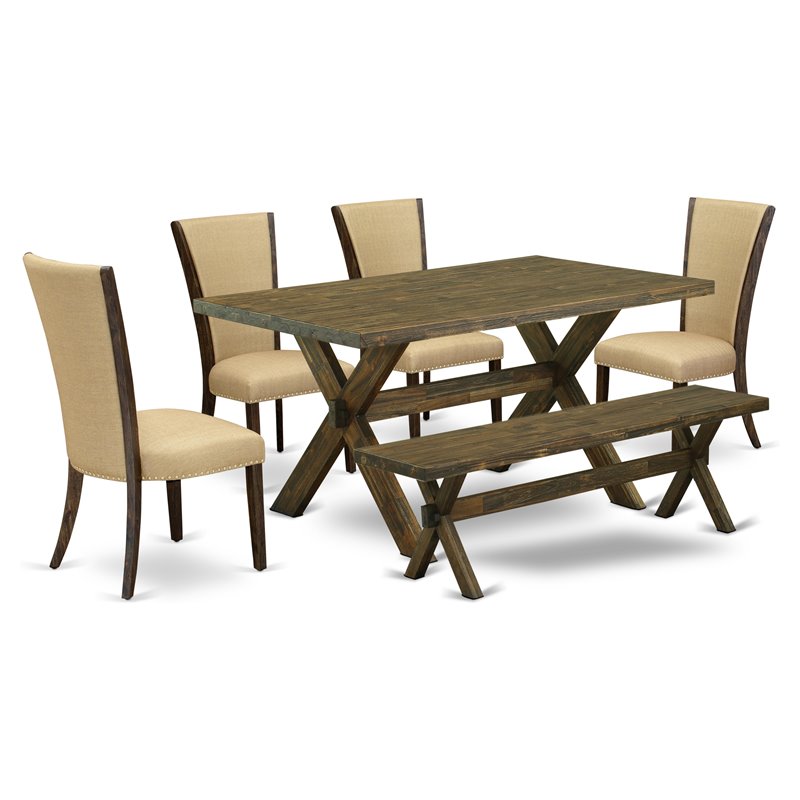 East West Furniture X-Style 6-piece Dining Set with Linen Chairs in Brown