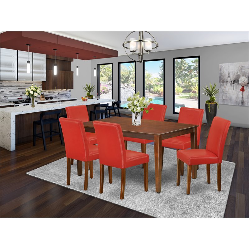 East West Furniture Capri 7-piece Wood Dining Set in Mahogany/Firebrick Red