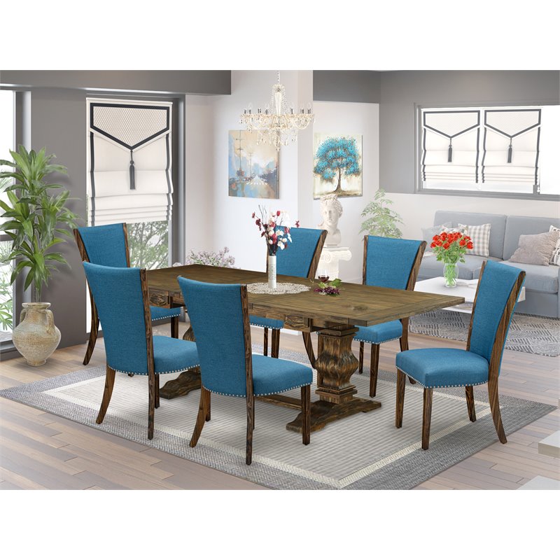 East West Furniture Lassale 7-piece Wood Dining Set in Jacobean Brown/Blue