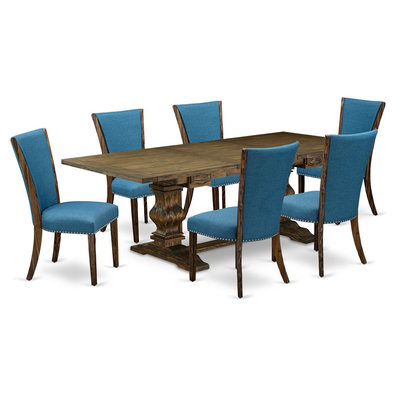 East West Furniture Lassale 7-piece Wood Dining Set in Jacobean Brown/Blue