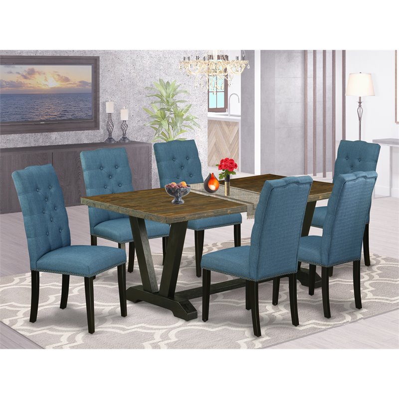 East West Furniture V-Style 7-piece Wood Dining Set with Fabric Seat in Black