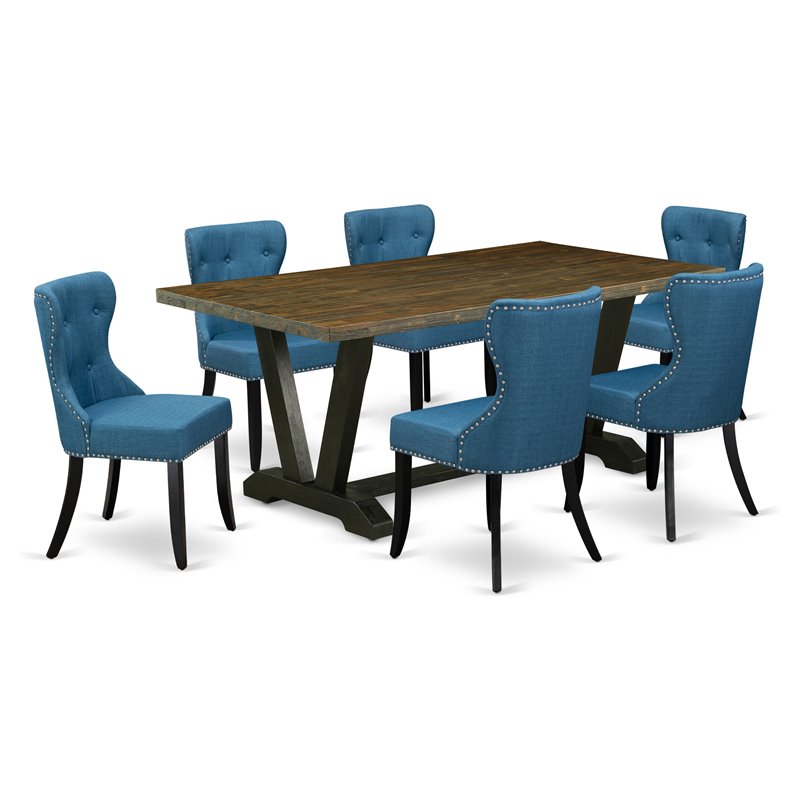 East West Furniture V-Style 7-piece Wood Dining Set in Brown/Black/Blue
