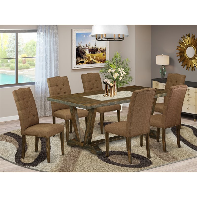 East West Furniture V-Style 7-piece Wood Dining Set in Brown Smoke