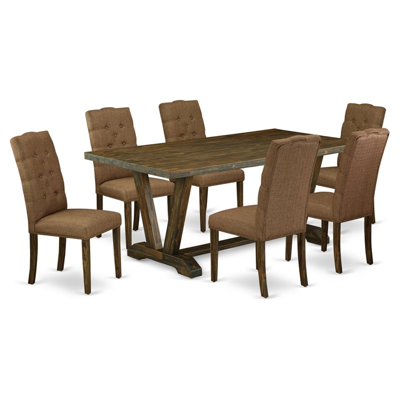 East West Furniture V-Style 7-piece Wood Dining Set in Brown Smoke