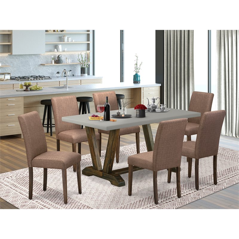 East West Furniture V-Style 7-piece Wood Dining Set in Jacobean Brown/Cement