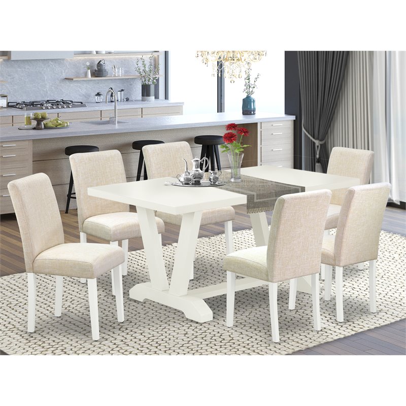 East West Furniture V-Style 7-piece Wood Dining Set in Linen White/Light Beige