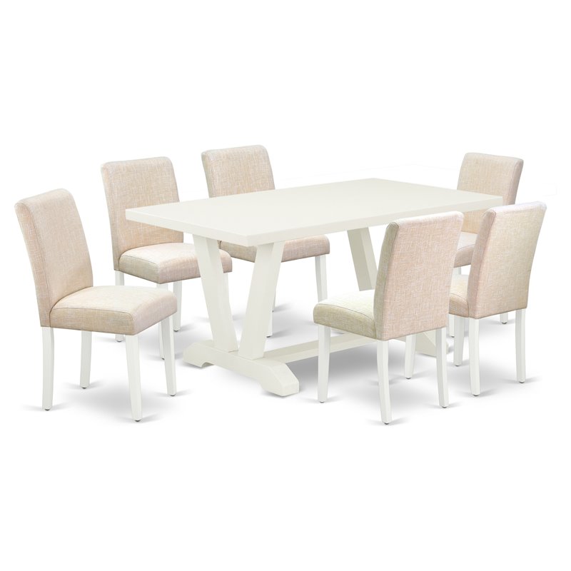 East West Furniture V-Style 7-piece Wood Dining Set in Linen White/Light Beige