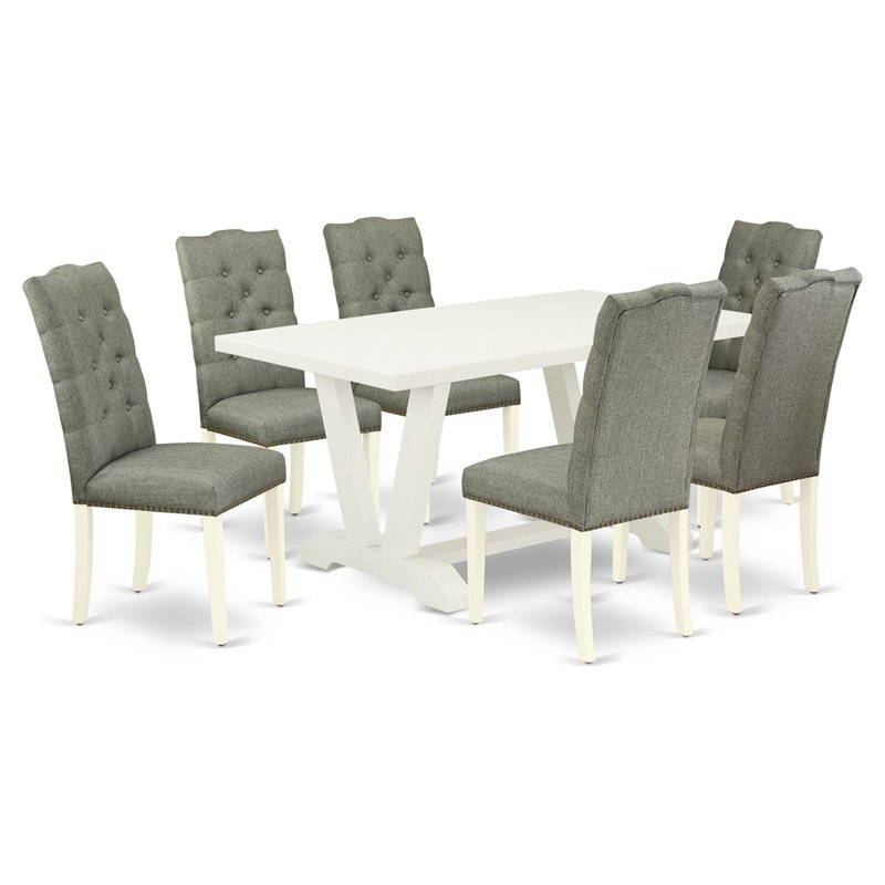 East West Furniture V-Style 7-piece Wood Dining Set in Smoke Gray