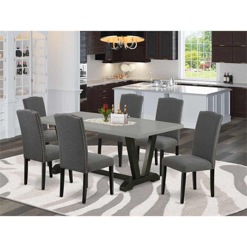 East West Furniture V-Style 7-piece Wood Dining Room Set in Dark Gotham Gray