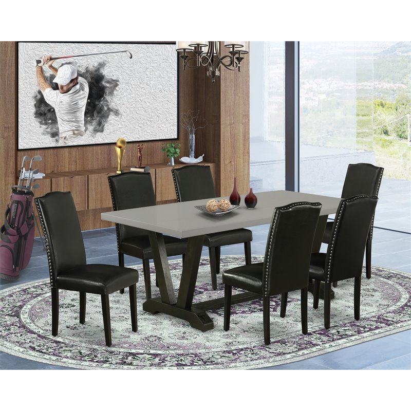 East West Furniture V-Style 7-piece Wood Kitchen Table and Chair Set in Black