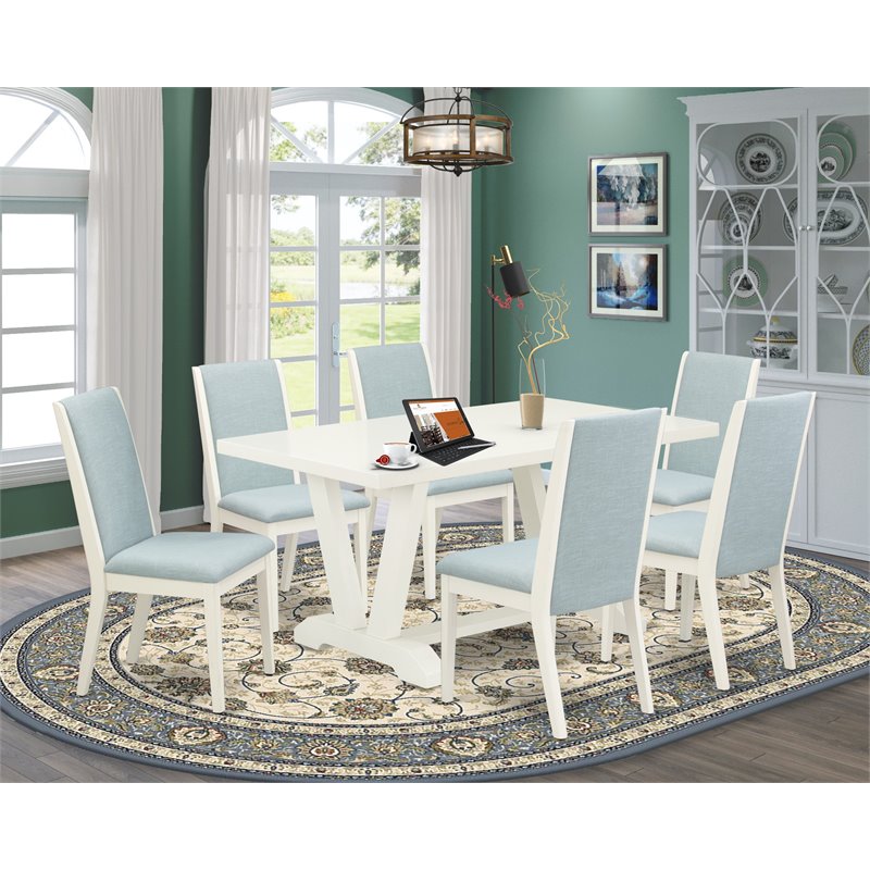 East West Furniture V-Style 7-piece Wood Dining Set in White/Baby Blue