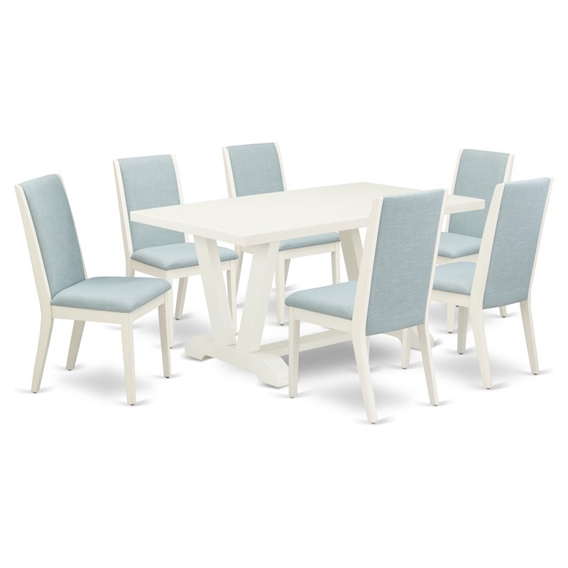 East West Furniture V-Style 7-piece Wood Dining Set in White/Baby Blue