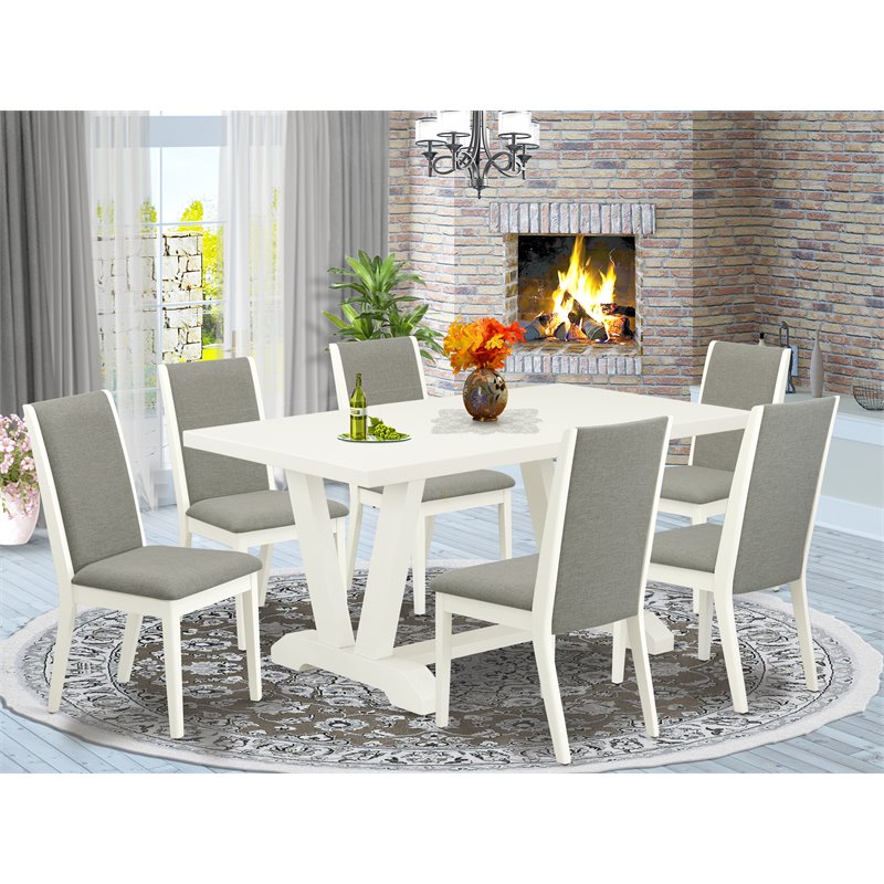 East West Furniture V-Style 7-piece Wood Dining Set in Linen White/Shitake