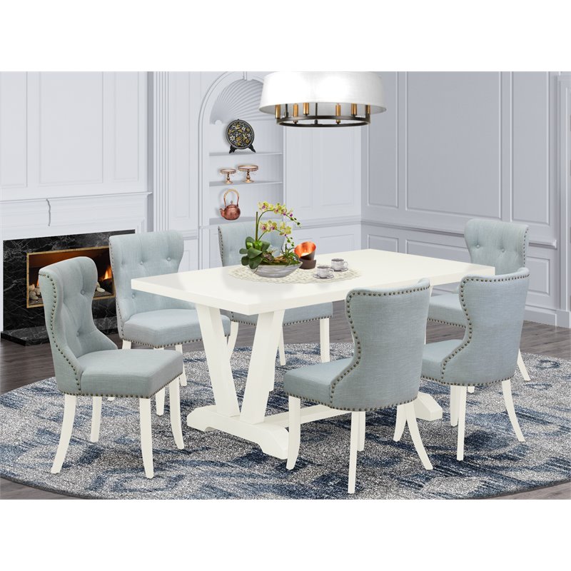 East West Furniture V-Style 7-piece Wood Dinette Set in Linen White/Baby Blue