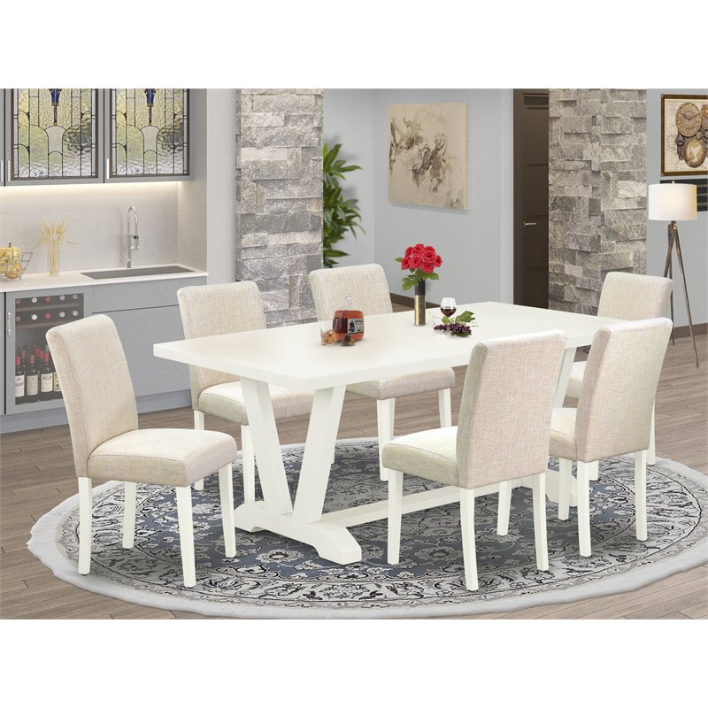East West Furniture V-Style 7-piece Wood Dining Set in Light Beige