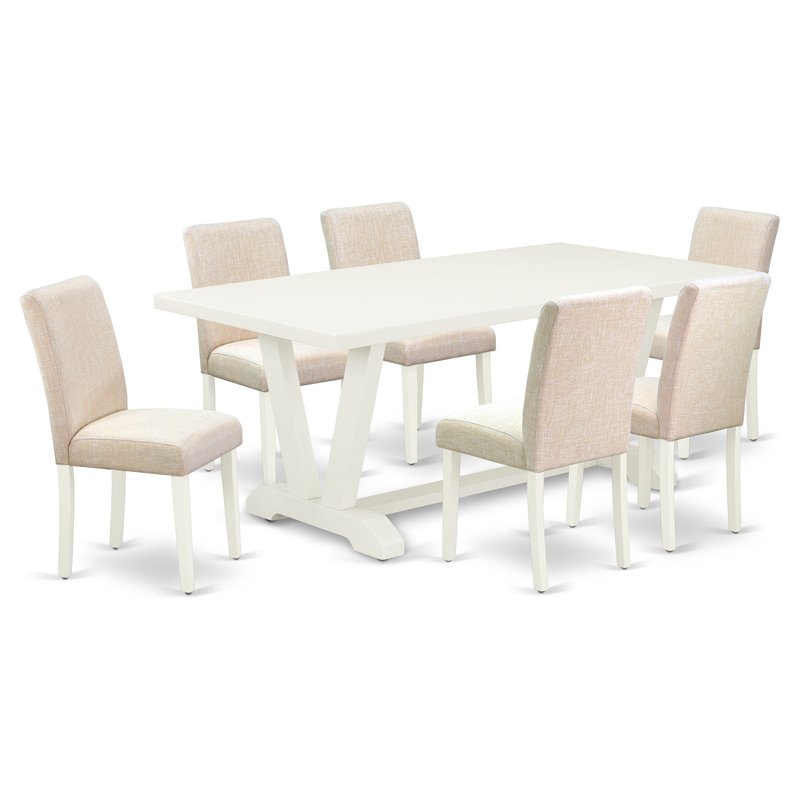 East West Furniture V-Style 7-piece Wood Dining Set in Light Beige