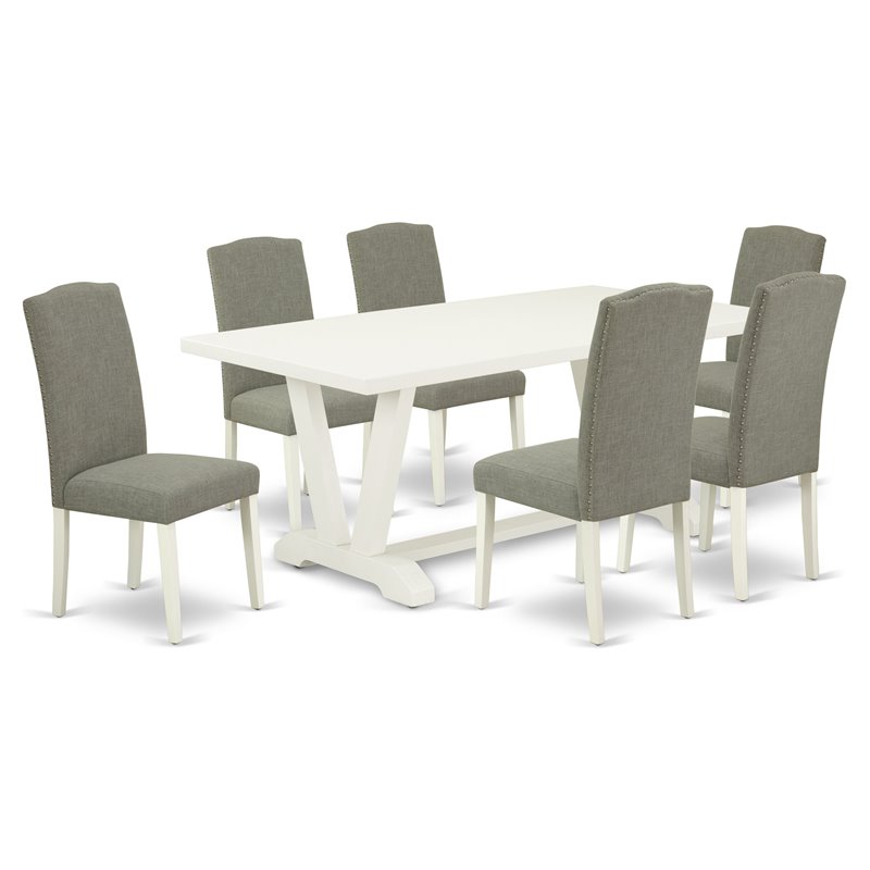 East West Furniture V-Style 7-piece Wood Dining Table Set in White/Shitake