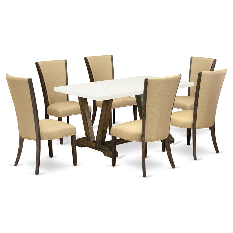East West Furniture V-Style 7-piece Wood Dining Set in White/Jacobean Brown