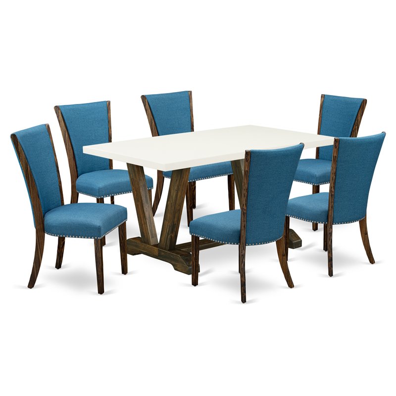 East West Furniture V-Style 7-piece Wood Dining Set in Linen White/Blue/Jacobean